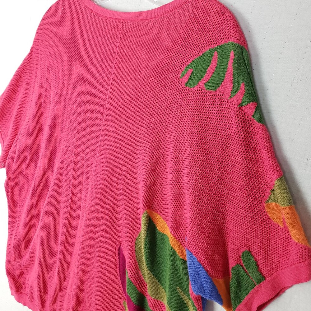 CHICOS Pullover Sweater Pink Artsy Abstract Colorful Tropical Mesh Knit size XL - Picture 9 of 9
